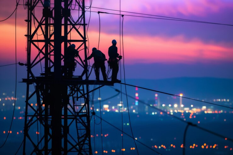 Trabajo de electricista de silueta en la industria pesada de tierra alta Construcción de la extensión de alta tensión en estaciones de alta tensión y plataformas