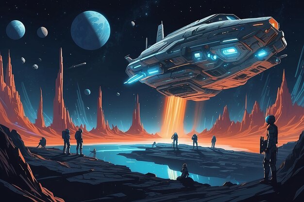 Trabajo en equipo Astral Una misión espacial futurista ilustrada en FlaAstral Trabajo en equipo Una misión espacial futura ilustrada en Splendort Splendor vectorial plano