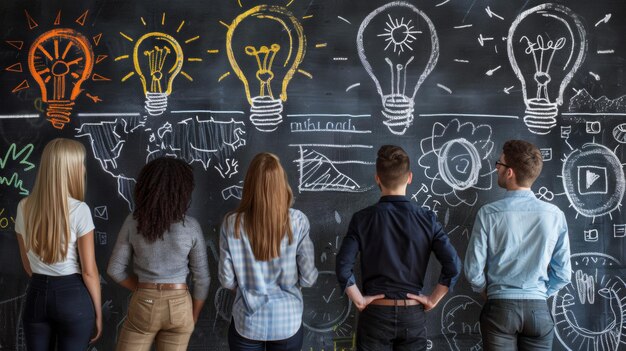 Foto trabajo en equipo y concepto de lluvia de ideas con empresarios que comparten una idea con una lámpara