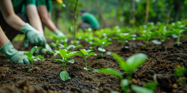 Trabajo en equipo de jardinería comunitaria plantando plántulas jóvenes en suelo fértil