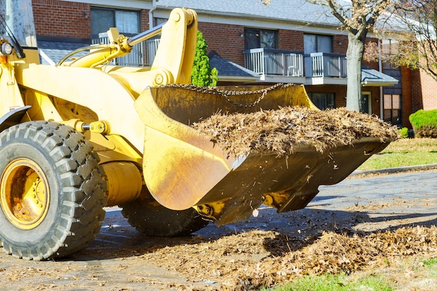 El trabajo en equipo en la mejora de la ciudad limpiando las hojas de otoño en las hojas caídas con un tractor