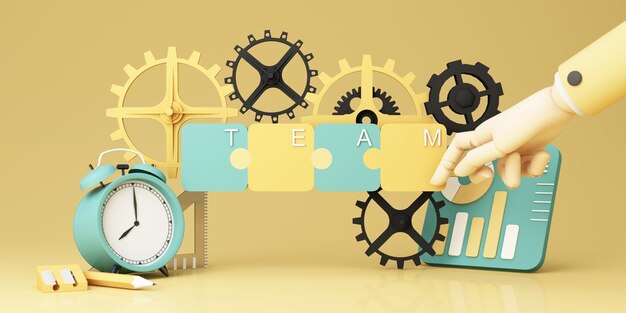 Trabajo en equipo de negocios y conceptos de colaboración organizativa para trabajar juntos para resolver problemas con engranajes de engrenajes El rompecabezas del trabajo en equipo y el análisis de datos en renderización 3D de estilo de dibujos animados de colores pastel