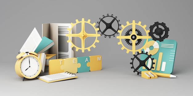Trabajo en equipo de negocios y conceptos de colaboración organizativa para trabajar juntos para resolver problemas con engranajes de engrenajes El rompecabezas del trabajo en equipo y el análisis de datos en renderización 3D de estilo de dibujos animados de colores pastel