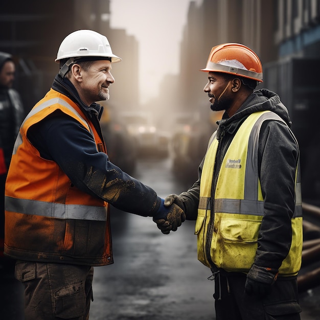 Trabajo en equipo en los trabajadores de la construcción se dan la mano