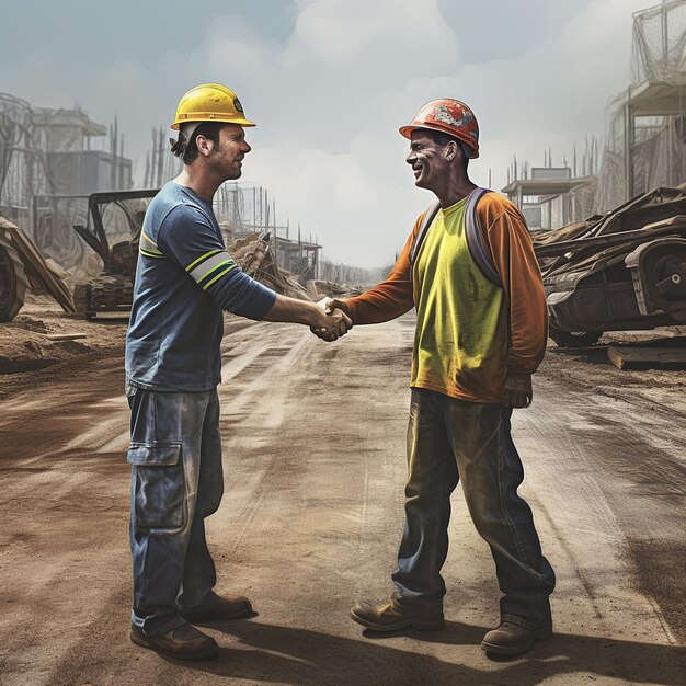 Trabajo en equipo en los trabajadores de la construcción se dan la mano