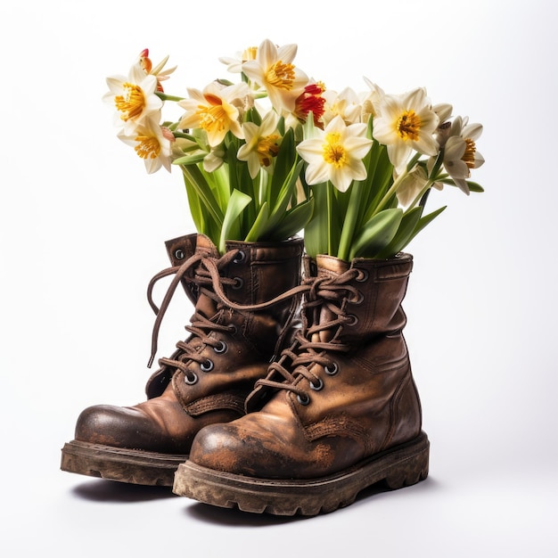 El trabajo en flor Las botas de los trabajadores en flor en medio del lienzo blanco