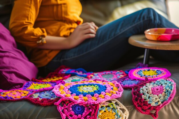 Trabajo de ganchillo de colores brillantes en una mesa de reposabrazos al lado de un artesano relajante