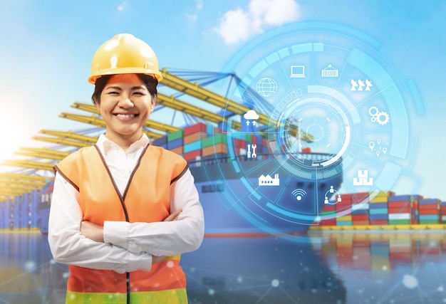 Trabajo de ingeniero o trabajador asiático en el puerto de la terminal de contenedores