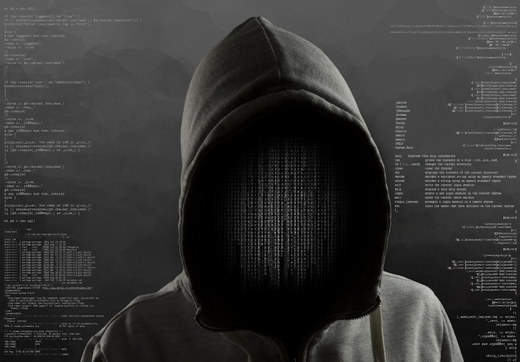 Foto en el trabajo con interfaz de usuario gráfica hacker alrededor