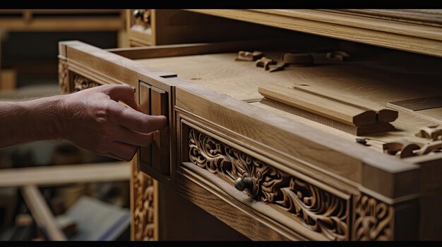 Trabajo manual de la madera Trabajador de la madera Muebles artesanía estudio cortes de precisión ensamblaje Generado por IA