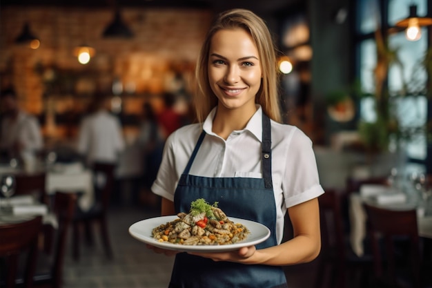 Trabajo mujer comida retrato de pie sosteniendo una sonrisa camarero restaurante chef en el interior IA generativa