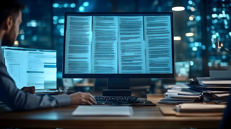 Foto trabajo nocturno imagen realista hombre revisando documentos en un gran monitor