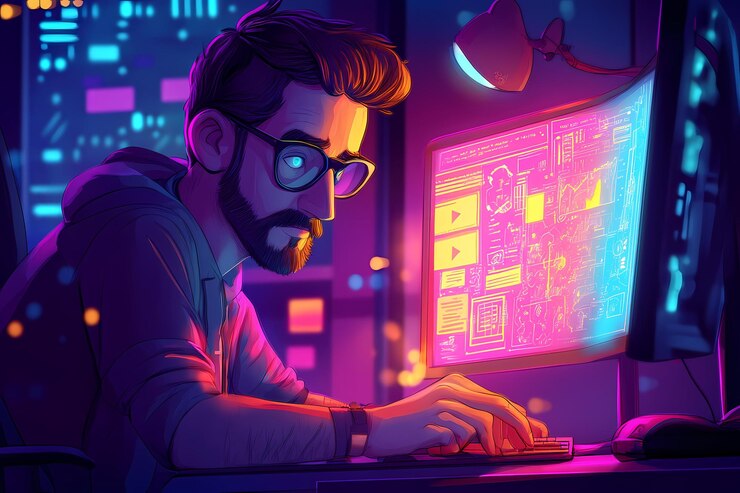 Foto trabajo nocturno programador en luces de neón
