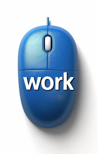 Foto trabajo de palabras azules en un fondo blanco con un ratón de computadora