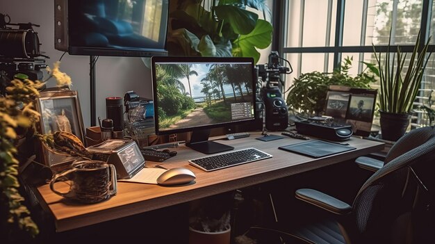 Trabajo remoto desde casa Lugar de trabajo en la oficina en casa con dispositivos y gadgets de PC IA generativa