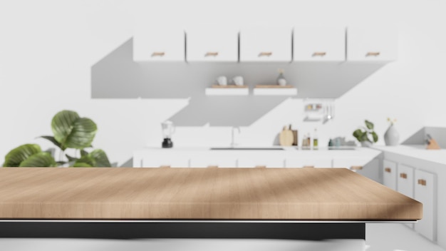 Trabajo de renderizado 3d Mesa superior de madera en la cocina