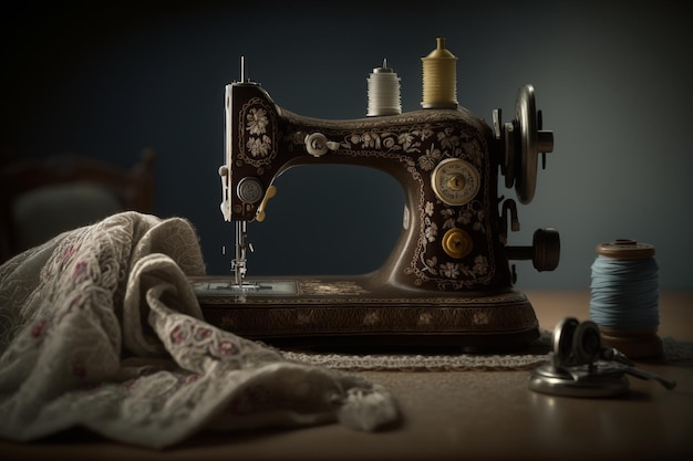 Trabajo de sastre o modista y taller de diseñador de moda artículos de boceto máquina de coser o corte de patrón de costurera y maniquí ficticio de ajuste de vestido con aguja de hilo o dedal y hierro