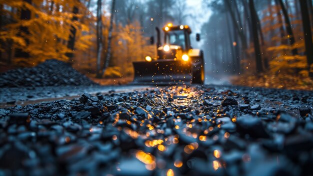 Trabajos de carretera al anochecer en el bosque de otoño con una excavadora que se acerca