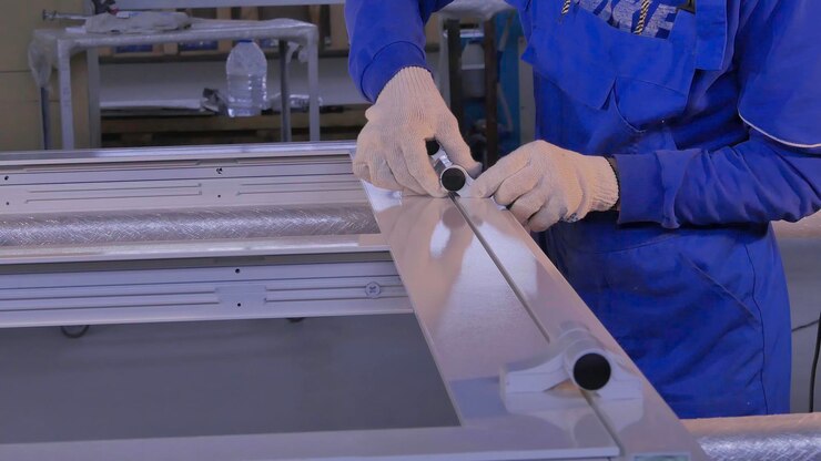 Foto trabajos de fabricación fábrica para instalación de producción de puertas y ventanas de aluminio y pvc.