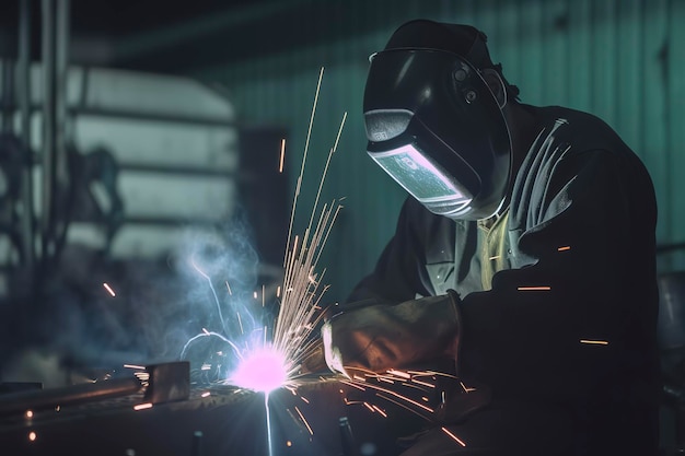 Trabajos de soldadura en la fábrica Trabajador industrial suelda tubos metálicos