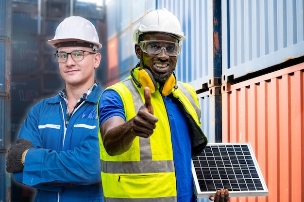 Trabalhador africano segurando painel de célula solar e homem de engenharia em pé com confiança na frente do fundo do recipiente. Conceito de funcionamento do trabalhador da indústria inteligente. Diversidade de pessoas da indústria.