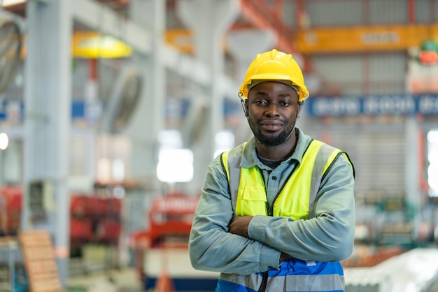 Trabalhador afro-americano usando colete de segurança com capacete amarelo braços cruzados na fábrica