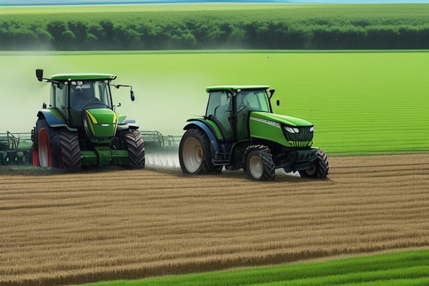 Trabalhador agrícola a conduzir um tractor a pulverizar um prado verde gerado pela IA