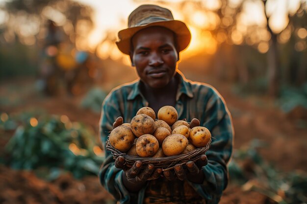 trabalhador agrícola com batatas colhidas