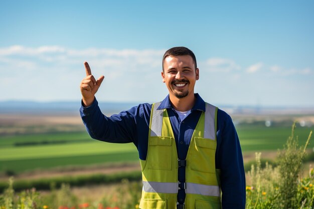 Foto trabalhador agrícola fazendo gestos em um campo de colheita verde com fundo pastoral