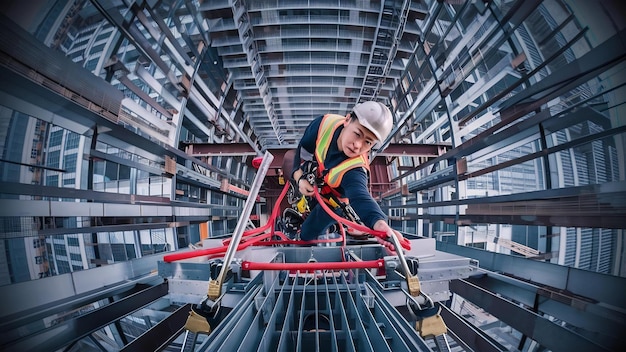 Foto trabalhador asiático a trabalhar em equipamentos de construção em altura num canteiro de obras