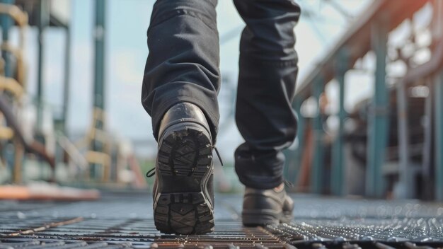 Trabalhador caminha com confiança pelo canteiro de obras em botas pesadas