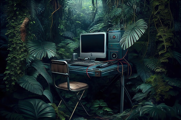 Trabalhador co com computador na mesa na selva