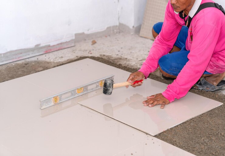Foto trabalhador colocando o azulejos de cerâmica no chão e batendo para o chão liso