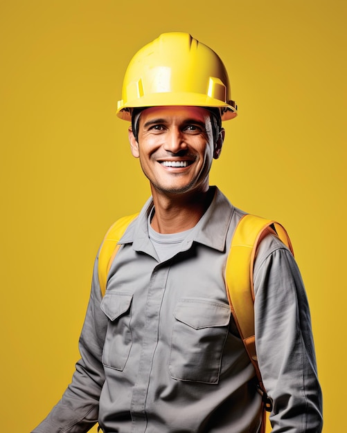 Trabalhador com capacete amarelo sorrindo Estúdio filmado no dia do trabalho