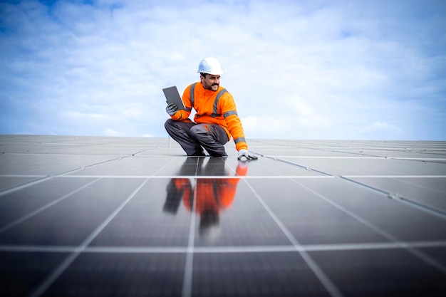 Trabalhador com computador tablet em pé no telhado e verificando painéis solares e produção de energia