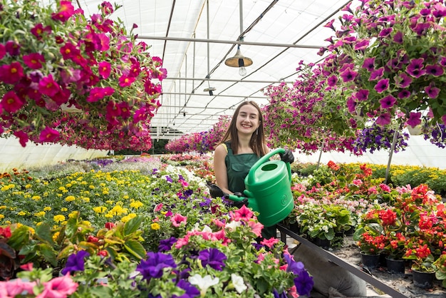 Trabalhador com efeito de estufa no avental regando plantas em sua estufa. Trabalho duro todos os dias que cria beleza