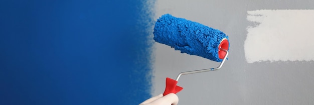 Trabalhador com ferramenta de rolo pronta para pintar a cobertura das paredes na cor azul