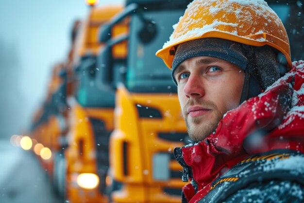 Trabalhador com um capacete vermelho coberto de neve com veículos de construção ao fundo