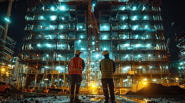 Foto trabalhador da construção a trabalhar no local de construção de um novo edifício alto