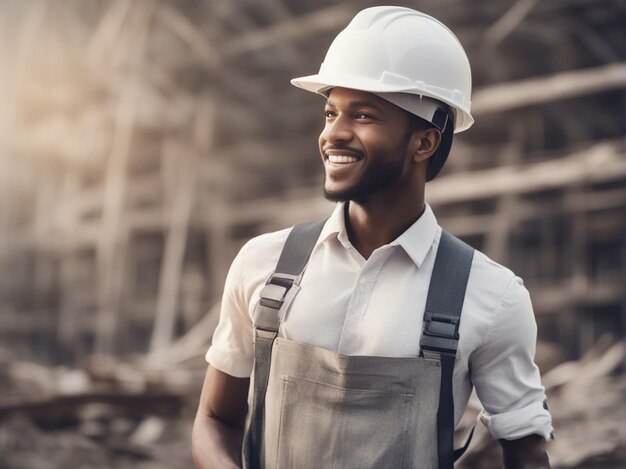 Trabalhador da construção afro-americano sorridente com um uniforme de construção olhando para o futuro