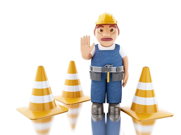 Trabalhador da construção civil 3D com capacete e cones