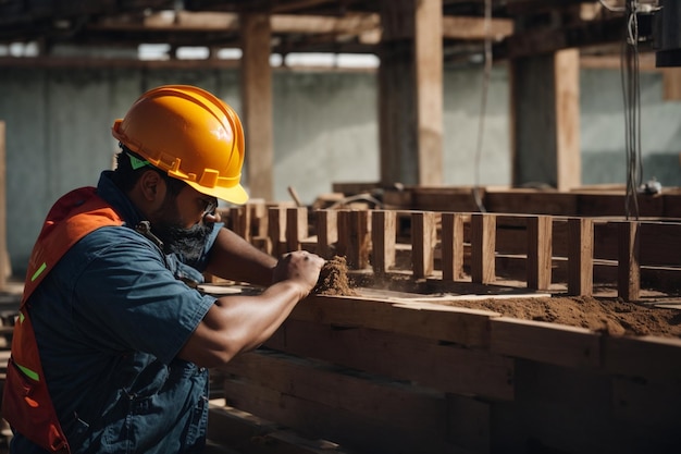 Trabalhador da construção civil com capacete no canteiro de obras usando roupas de proteção