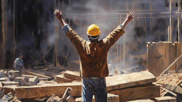 Trabalhador da construção civil com mão levantada no canteiro de obras AI gerado