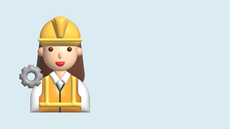 Foto trabalhador da construção civil com uniforme laranja e capacete de segurança amarelo ilustração de personagem de desenho animado 3d