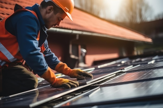 Trabalhador da construção civil de instalação de painéis solares com capacete de segurança trabalhando no telhado