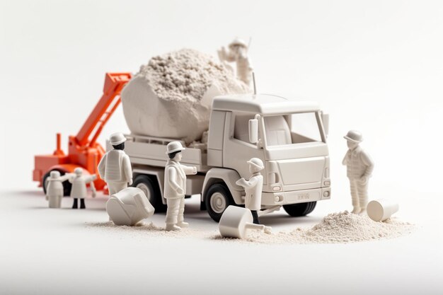 Trabalhador da construção civil de pessoas em miniatura com caminhão e areia no fundo branco