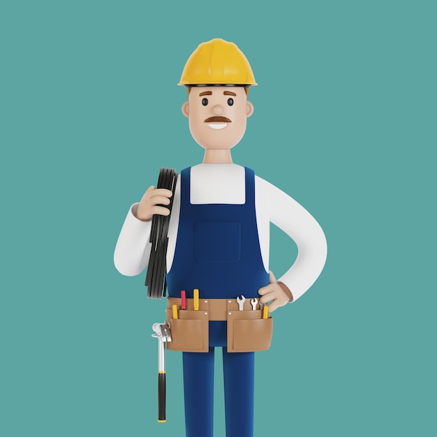 Trabalhador da construção civil eletricista com ferramentas e com uma ilustração 3D de fio em estilo cartoon