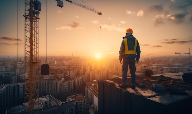 Foto trabalhador da construção civil em um fundo de trabalho construtivo engenheiro no conceito de pôr do sol generative ai