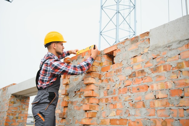 Trabalhador da construção civil em uniforme e equipamento de segurança tem trabalho na construção