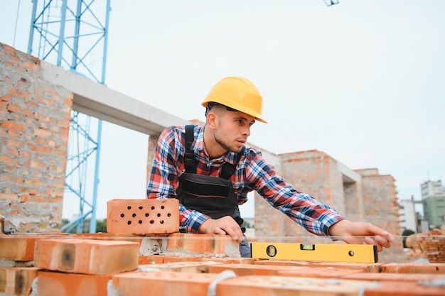 Trabalhador da construção civil em uniforme e equipamento de segurança tem trabalho na construção